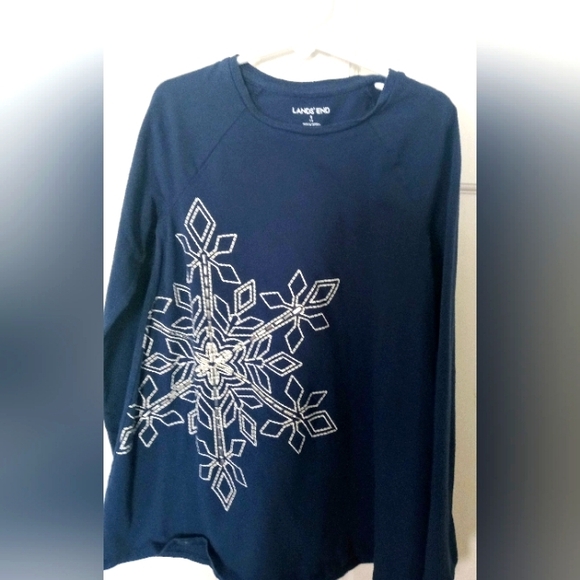 Lands' End Navy Snowflake Dress Long Sleeve - Picture 2 of 7
